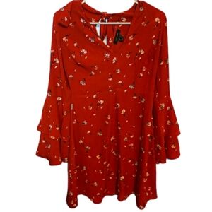 Atmosphere Red Floral Dress with Tie Back & Tiered Bell Sleeves size 10